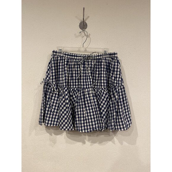 J. Crew Skirt Womens Small Blue White Gingham Check Tiered Ruffle Mini Elastic - Picture 2 of 4